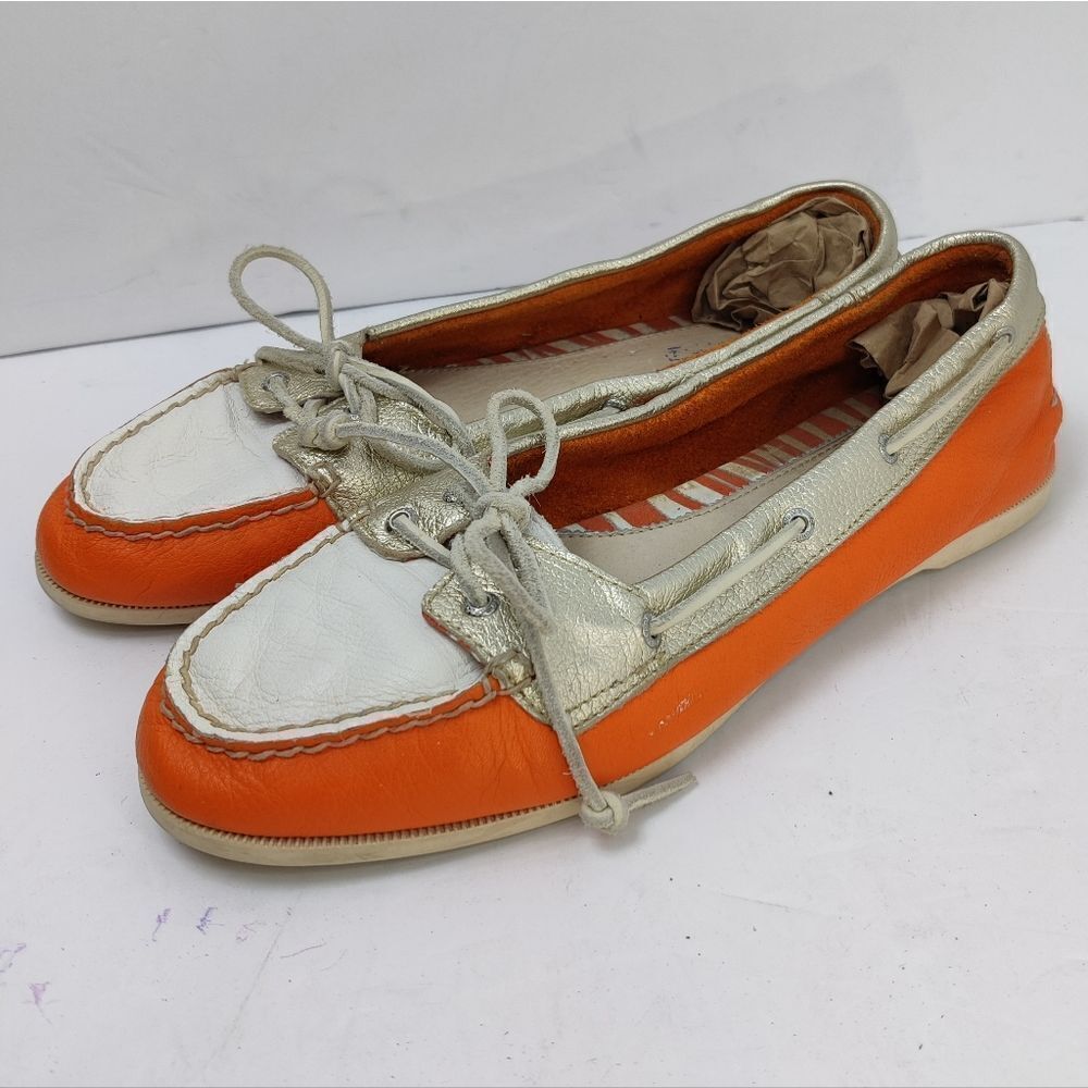 Sperry Adrey Boat Shoe Womens Sz 9 Orange Leather White Gold Bright Summer Flats